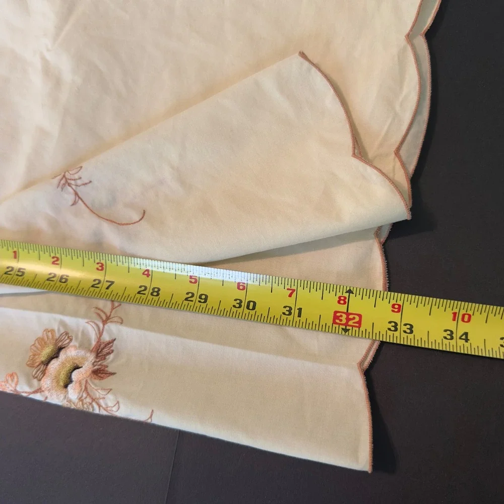 Vintage Embroidered Floral Tablecloth 66x98 Cream Tan Brown Cottagecore Grandma
